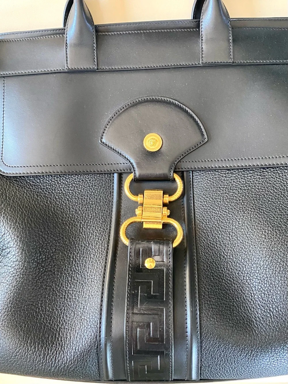 VERSACE - Large Damysus Tote Bag. Embossed Black Leather with Hold Hardwear